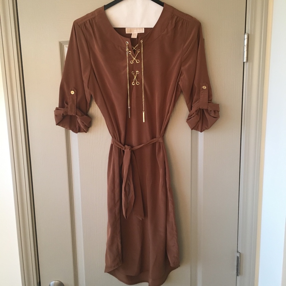 Michael Kors Brown Belted Lace-Up Shirt Dress
